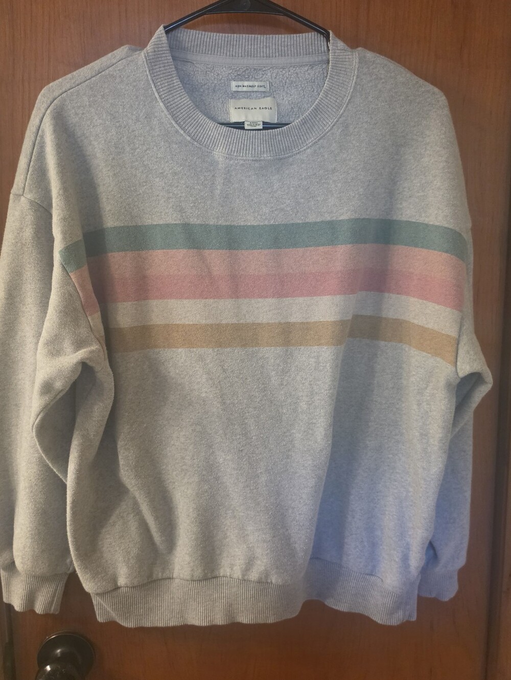 American Eagle Outfitters Gray Crewneck Sweater with Teal, Pink and Tan Stripes